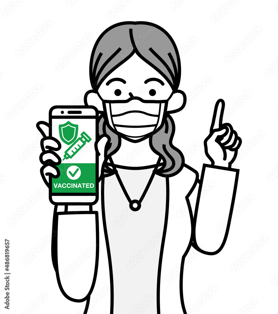 Young woman grabs a cell phone which displayed vaccine passport, pointing by an another hand Young woman grabs a cell phone which displayed vaccine passport, pointing by an another hand