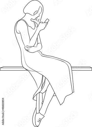 Contour image of a girl sitting with a phone in her hand Vector illustration