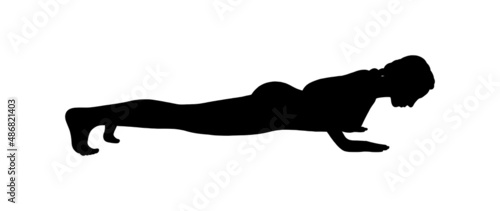 Woman silhouette in vinyasa or low plank pose. Yogi woman training her body muscles. Vector illustration in white background