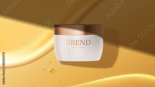 Jar of cosmetic product covered shadow on yellow background.