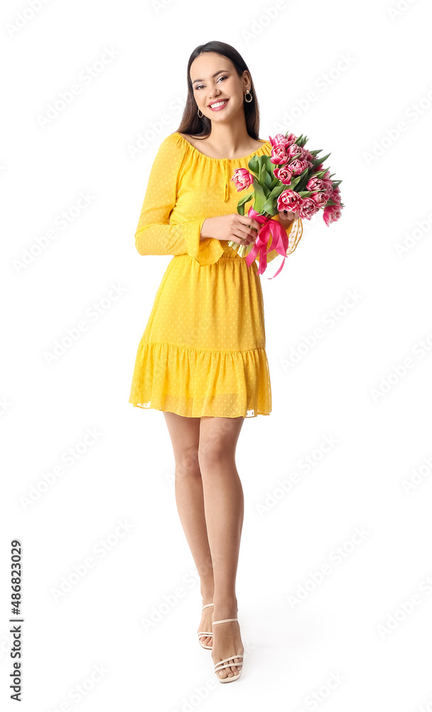 Beautiful young woman with bouquet of flowers on white background. International Women's Day celebration Beautiful young woman with bouquet of flowers on white background. International Women's Day celebration