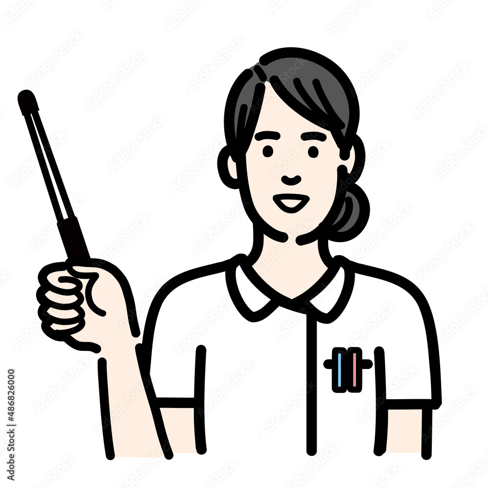 指し棒で解説をしている白衣を着た若い女性 指し棒で解説をしている白衣を着た若い女性