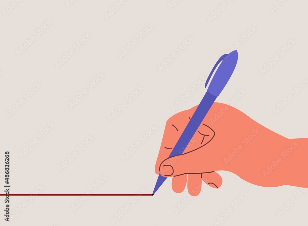 hand with red marker draws isolated line, handwriting, vector flat illustration, woman's hand draws red line hand with red marker draws isolated line, handwriting, vector flat illustration, woman's hand draws red line
