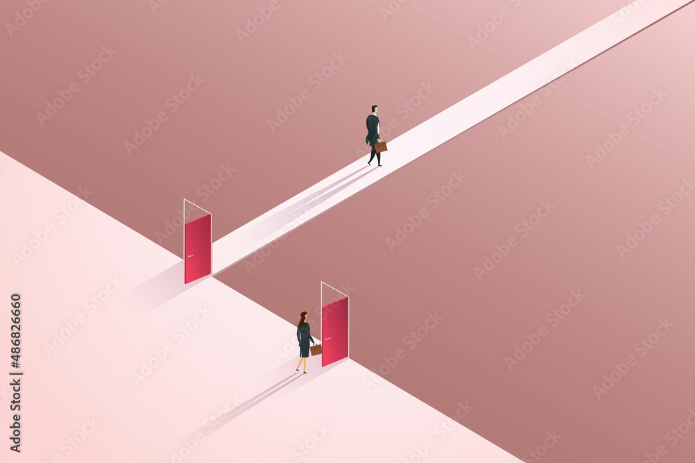 Businessman and businesswoman open door on different career paths and obstacles. Businessman and businesswoman open door on different career paths and obstacles.