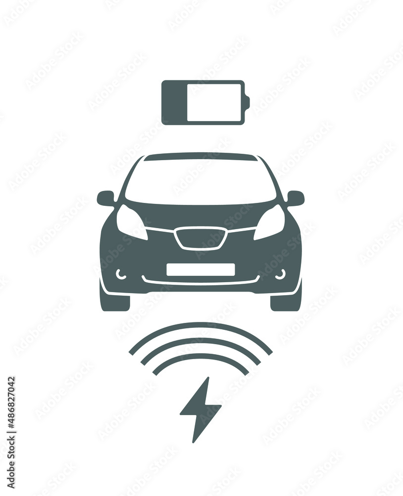 Wireless battery charging vehicle power station icon. Electric car charging illustration isolated. Green Electric  battery refilling point vector symbol. Renewable eco technologies. Vector layouts
