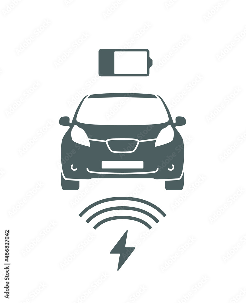 Wireless battery charging vehicle power station icon. Electric car charging illustration isolated. Green Electric battery refilling point vector symbol. Renewable eco technologies. Vector layouts Wireless battery charging vehicle power station icon. Electric car charging illustration isolated. Green Electric battery refilling point vector symbol. Renewable eco technologies. Vector layouts