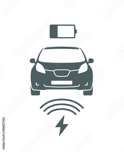 Wireless battery charging vehicle power station icon. Electric car charging illustration isolated. Green Electric  battery refilling point vector symbol. Renewable eco technologies. Vector layouts