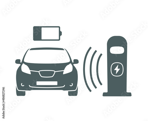Wireless battery charging vehicle power station icon. Electric car charging illustration isolated. Green Electric  battery refilling point vector symbol. Renewable eco technologies. Vector layouts
