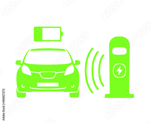 Wireless battery charging vehicle power station icon. Electric car charging illustration isolated. Green Electric  battery refilling point vector symbol. Renewable eco technologies. Vector layouts