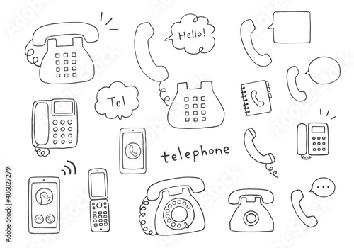 いろんな電話の手描きイラストセット（モノクロ）
