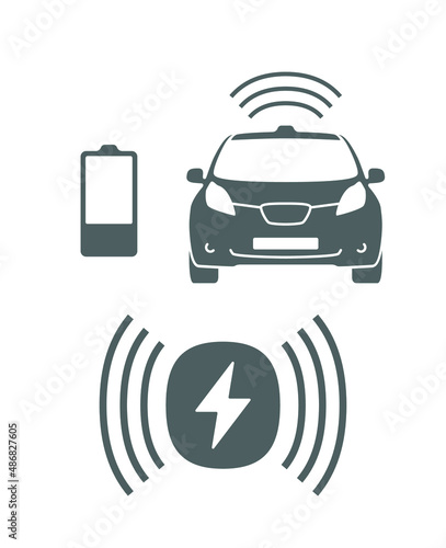 Wireless battery charging vehicle power station icon. Electric car charging illustration isolated. Green Electric  battery refilling point vector symbol. Renewable eco technologies. Vector layouts