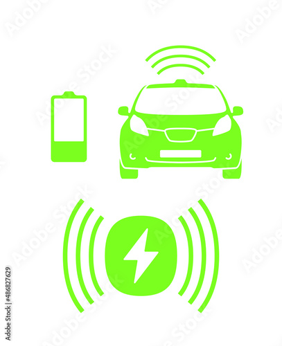 Wireless battery charging vehicle power station icon. Electric car charging illustration isolated. Green Electric  battery refilling point vector symbol. Renewable eco technologies. Vector layouts