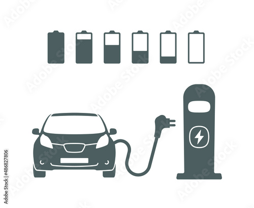 Electric car with plug graphic icon. Car charging station icon in trendy flat style. Electrical charging station symbol. Renewable eco technologies. Vector illustration. Battery charging grades icons