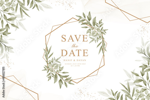 Foliage watercolor and geometric golden for elegant wedding card template