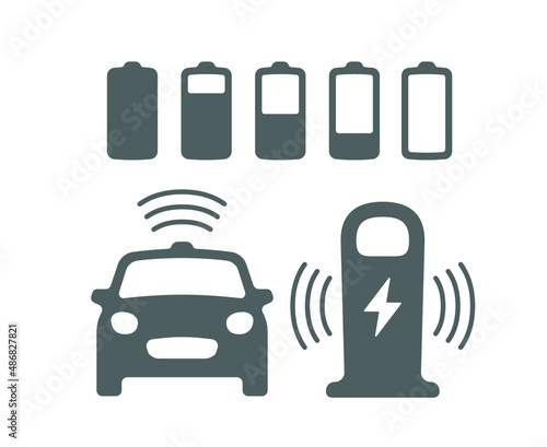 Wireless battery charging vehicle power station icon. Electric car charging illustration isolated. Green Electric  battery refilling point vector symbol. Renewable eco technologies. Vector layouts