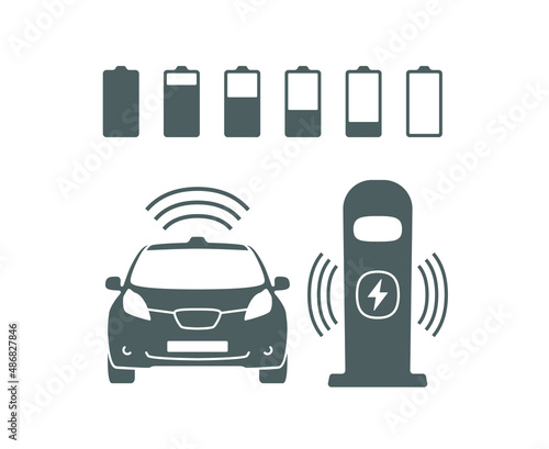 Wireless battery charging vehicle power station icon. Electric car charging illustration isolated. Green Electric  battery refilling point vector symbol. Renewable eco technologies. Vector layouts