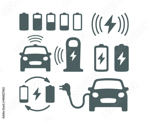 Electric car with plug graphic icon. Car charging station icon in trendy flat style. Electrical charging station symbol. Renewable eco technologies. Vector illustration. Battery charging grades icons