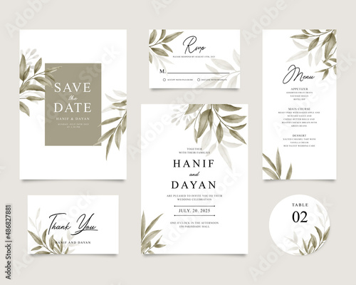 Set of elegant wedding invitation templates with beautiful leaves
