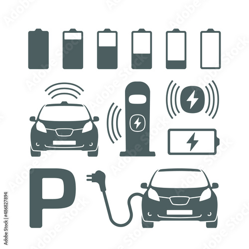 Electric car with plug graphic icon. Car charging station icon in trendy flat style. Electrical charging station symbol. Renewable eco technologies. Vector illustration. Battery charging grades icons