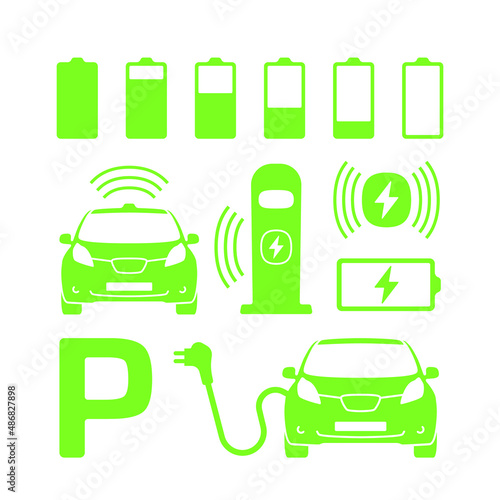 Electric car with plug graphic icon. Car charging station icon in trendy flat style. Electrical charging station symbol. Renewable eco technologies. Vector illustration. Battery charging grades icons