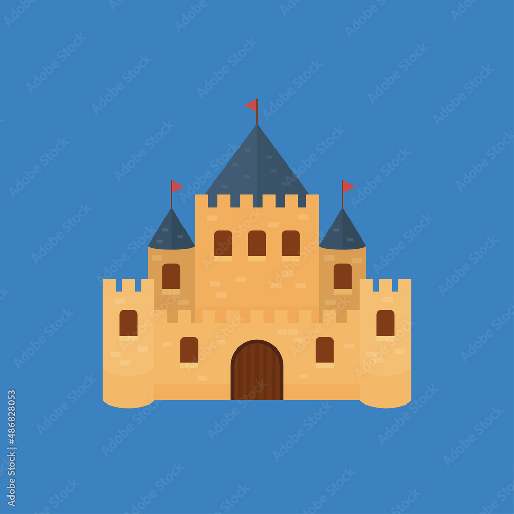 medieval castle fortress ancient building, vector cartoon flat design isolated icon.