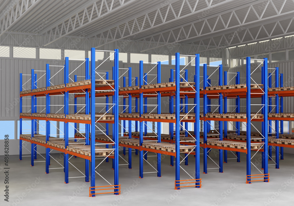 Empty warehouse racks. Concept of logistics center ready for rent. Room with empty shelves for boxes. Pallet rack systems in warehouse. Rental of logistics premises. Warehouse furniture. 3d image.