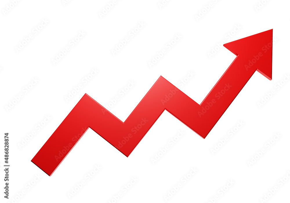 Graph arrow up. Growing Red Arrow. Simple red graph. Concept of growth and increase. Growing chart isolated on white background. Three-dimensional indicator arrow. 3d rendering. Graph arrow up. Growing Red Arrow. Simple red graph. Concept of growth and increase. Growing chart isolated on white background. Three-dimensional indicator arrow. 3d rendering.