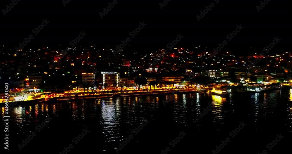 Beautiful aerial view of the city of Saranda at night in Albania,Albanian Riviera Beautiful aerial view of the city of Saranda at night in Albania,Albanian Riviera