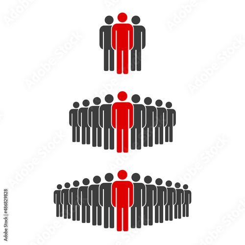 Man standing out from the crowd. The red stick figure ahead of the black stick figures. Group leader. Difference and individuality concept. People group icon. Vector illustration isolated on white.