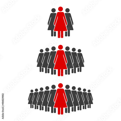 Woman standing out from the crowd. The red stick figure ahead of the black stick figures. Group leader. Difference and individuality concept. People group icon. Vector illustration isolated on white.