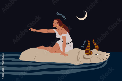 The abduction of Europe. A pretty woman floating on the back of a white bull. Ancient Greek myth. Color vector illustration in cartoon and flat design.