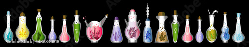 Horizontal vector set of magic bottles with potions for witchcraft isolated on a black background. Cartoon-style illustration for the game interface