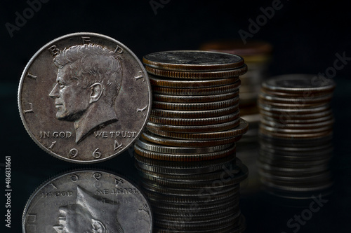 US Half Silver Dollar John Fitzgerald Kennedy 1964 Coin Stacks Blurred Background Reflection Macro