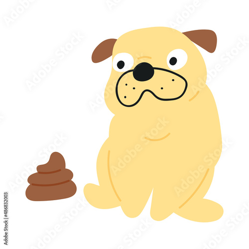 Pug looking at poops. Vector hand drawn illustration on white background.