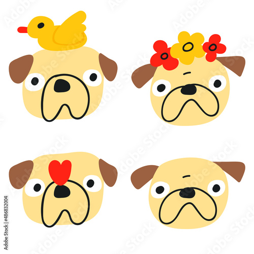 Set of funny pugs faces. Great for stickers design.  Hand drawn vector illustrations. © Igor