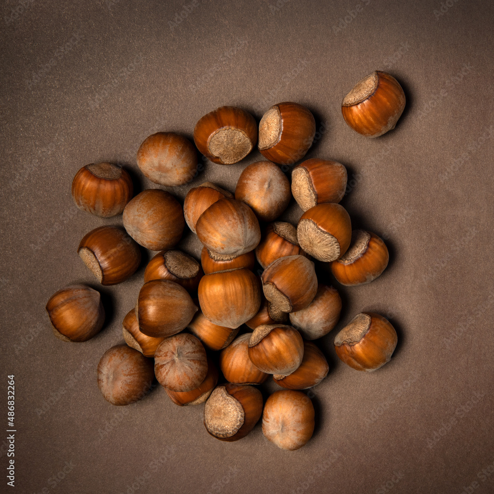 Bunch of hazelnut on brown background. View from above