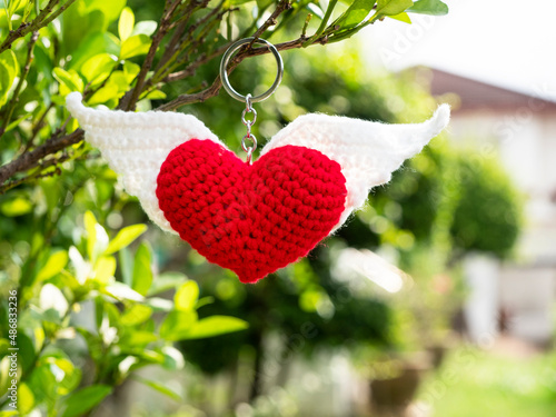 
Cupid or a heart with wings symoolizes the day of love. with a key chain hanging on the tree remains to Valentine Day.