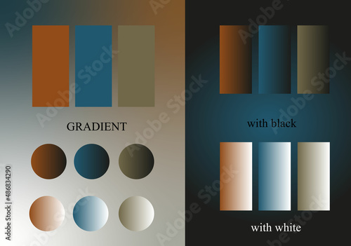 Modern color palette 3 color swatches 2022 year with warm ginger, cold blue and cold light brown or warm grey tones. Palette sample for business, manufacturing, fabric, interiors ideas. 