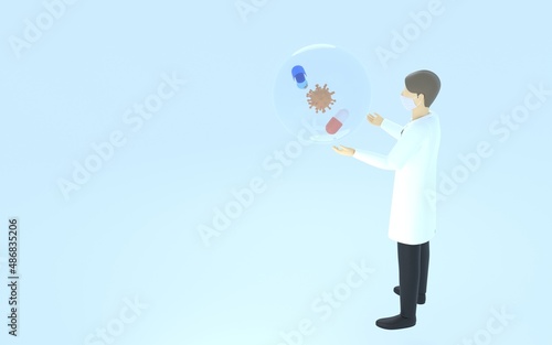 3DCG 白衣を着た医者の後ろ姿とコロナウイルスと経口抗ウイルス薬、ウィズコロナのイメージ