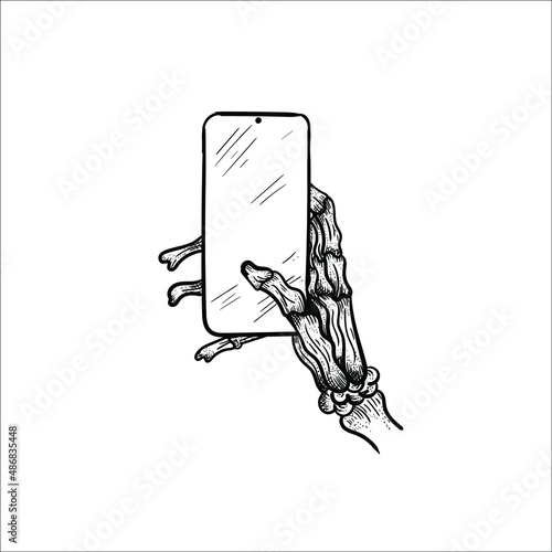 Illustration of a human hand skeleton holding a mobile phone. Hand drawing of a human hand skeleton operating a smartphone