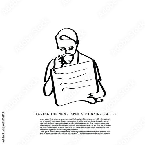 one line drawing of a man drinking coffee and reading a newspaper. line art of man relaxing reading newspaper and drinking coffee.vector illustration