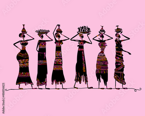 African women with jugs and food, wearing ethnic dresses. Art silhouette for ...