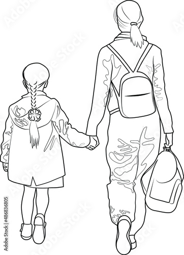 Contour image of mother with daughter going to school vector illustration
