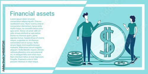 Financial assets.People on the background of coins are engaged in business investments.The concept of financial activity.An illustration in the style of a green landing page.