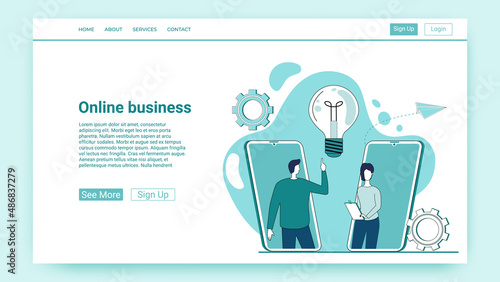 Online business.People solve business problems using an Internet connection.The concept of modern technologies.An illustration in the style of a green landing page.