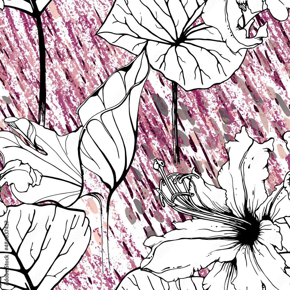 Fototapeta premium Floral Black White Pattern. Modern Watercolor