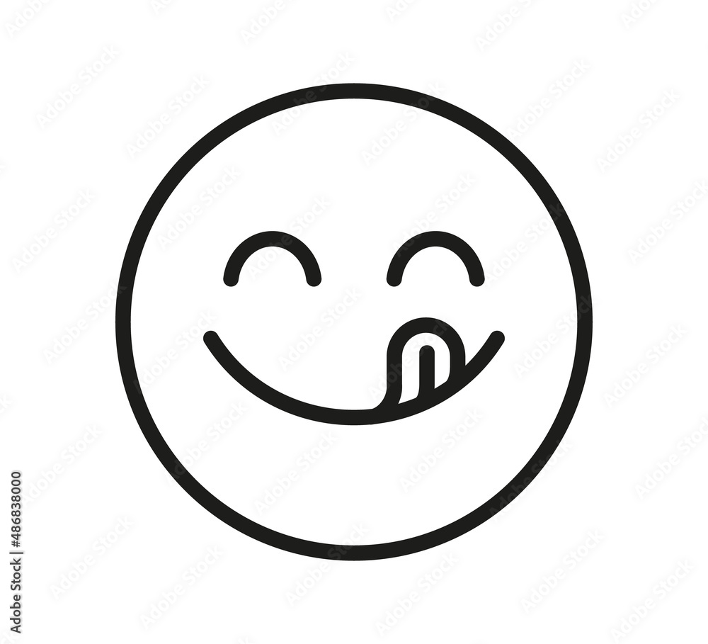 Yummy smile emoji with tongue lick mouth. Delicious tasty food symbol for social network. Yummy and hungry line icon. Savory gourmet. Enjoy food sign. Vector illustration isolated on white background. Yummy smile emoji with tongue lick mouth. Delicious tasty food symbol for social network. Yummy and hungry line icon. Savory gourmet. Enjoy food sign. Vector illustration isolated on white background.