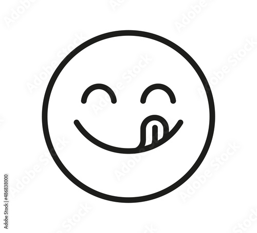 Yummy smile emoji with tongue lick mouth. Delicious tasty food symbol for social network. Yummy and hungry line icon. Savory gourmet. Enjoy food sign. Vector illustration isolated on white background.