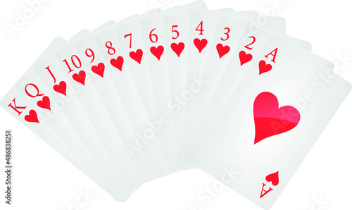 Playing cards of hearts on white