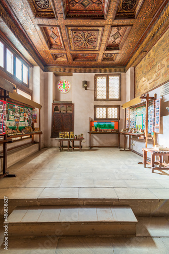 Hall at Ottoman era House of Egyptian Architecture building, aka Ali Labib House, Darb El Labbana district, off the citadel square, with decorated wooden ceiling and Turkish Golden Horn mural © Khaled El-Adawi